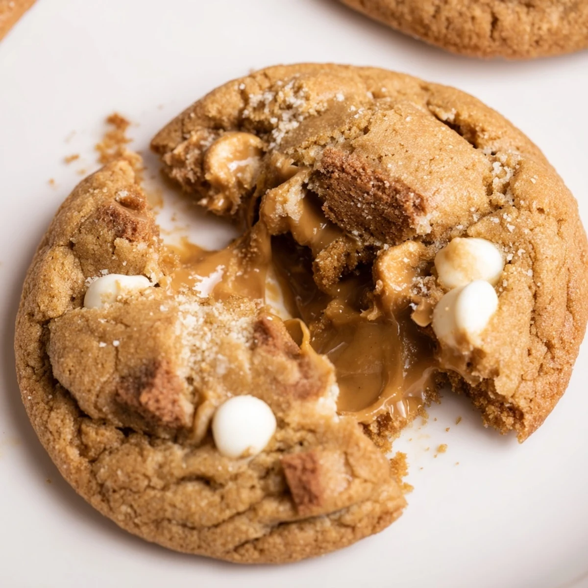 Freshly baked stuffed Biscoff butter lava cookies with gooey centers on a wooden board