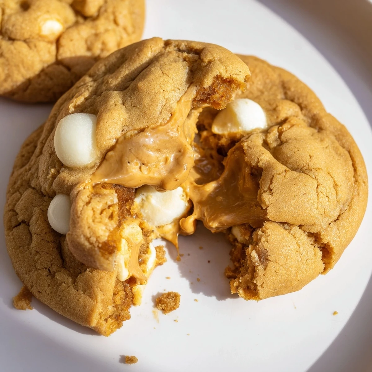 Warm golden stuffed Biscoff butter lava cookies oozing melted cookie butter on white plate