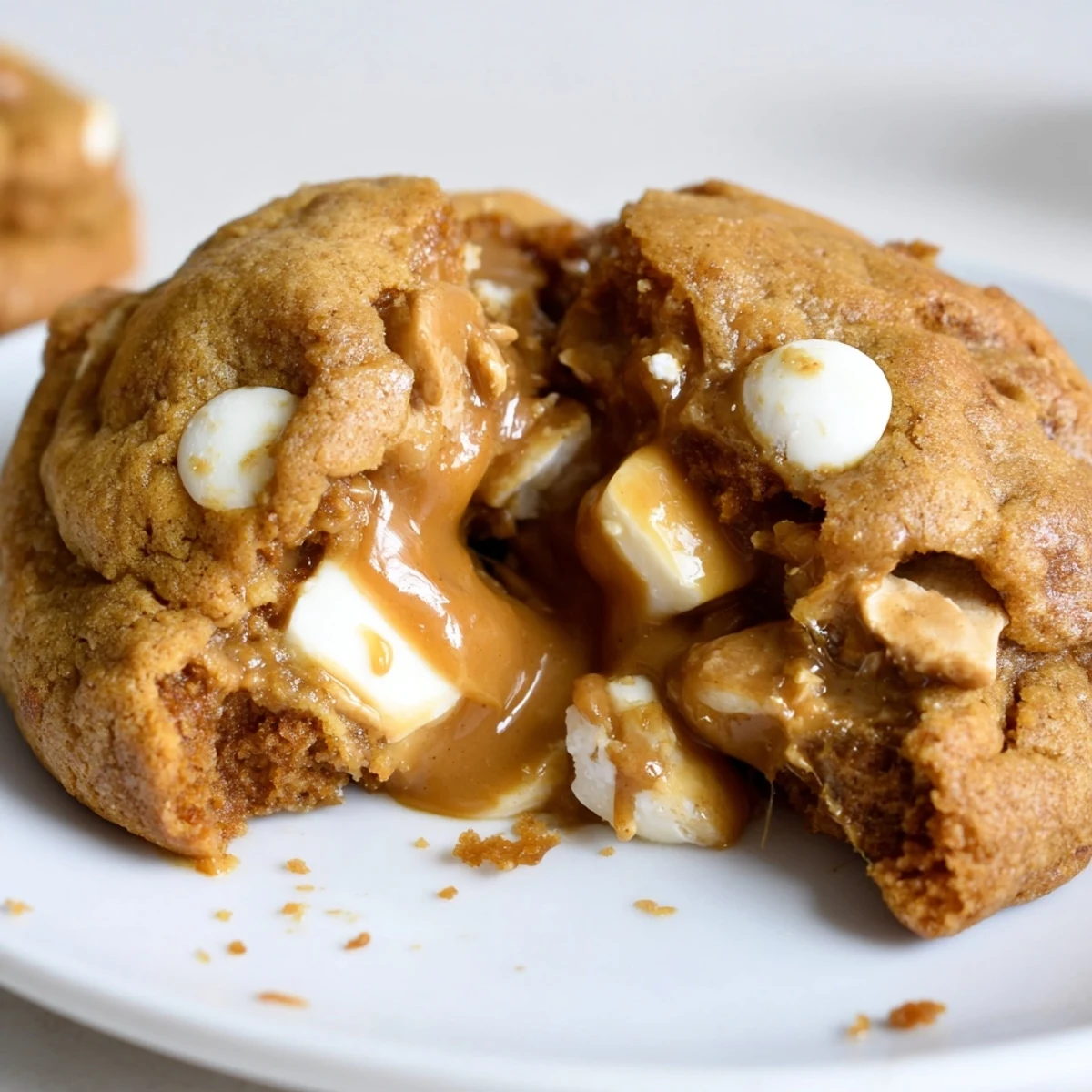 Indulgent stuffed Biscoff butter lava cookies topped with crushed Biscoff pieces and white chocolate chips