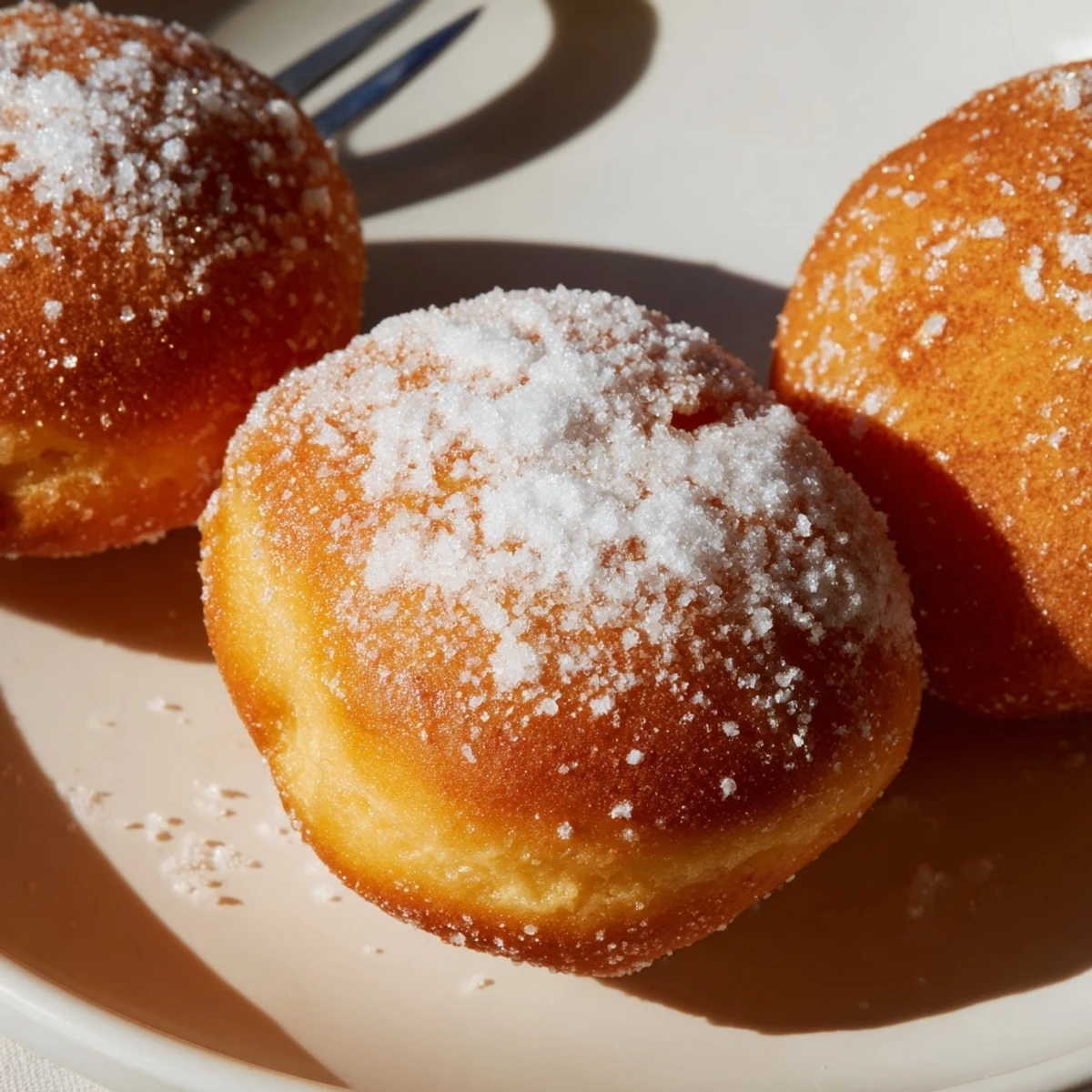 Light fluffy bomboloni filled with smooth vanilla pastry cream on a white serving plate