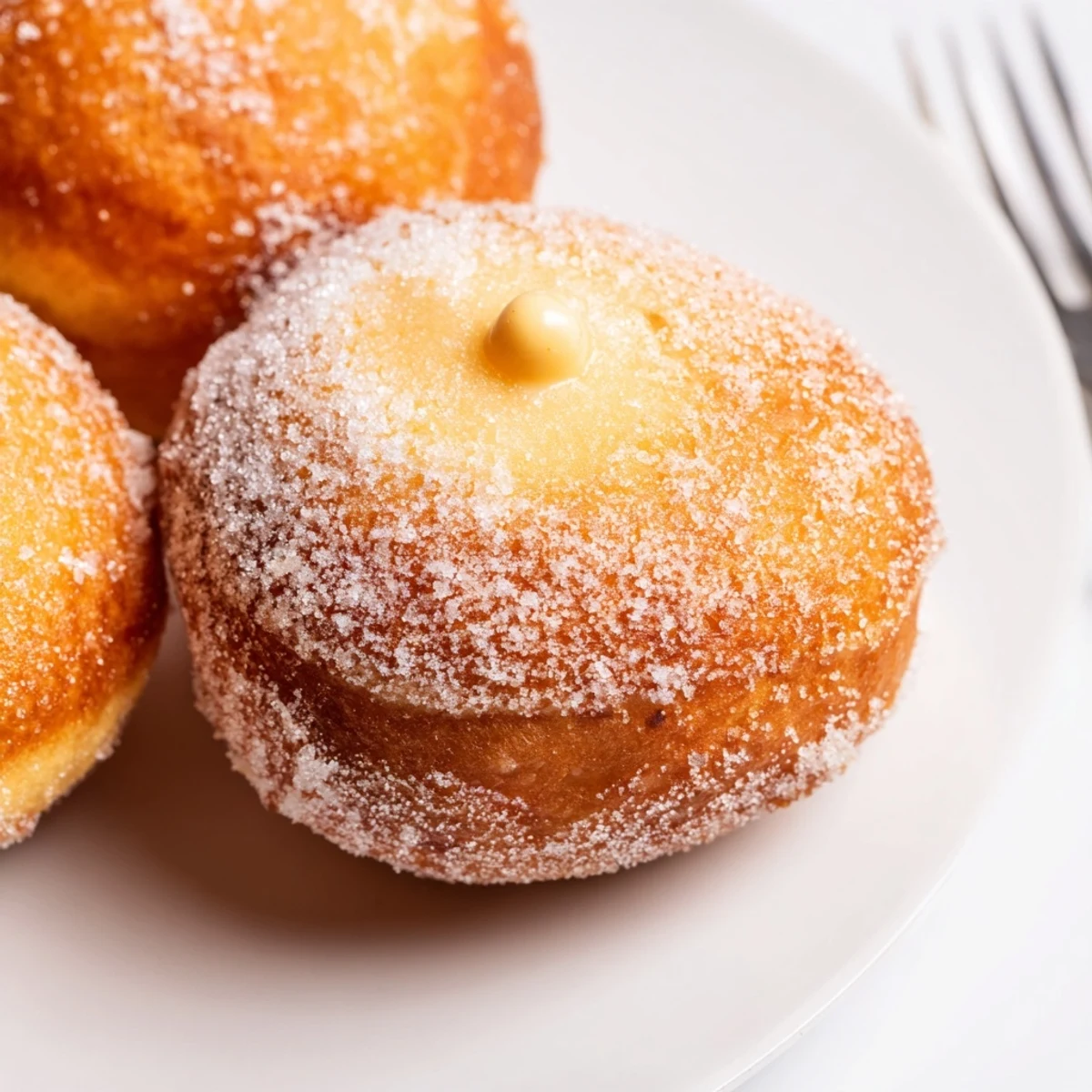 Golden Italian bomboloni alla crema doughnuts dusted with sugar and overflowing with vanilla cream