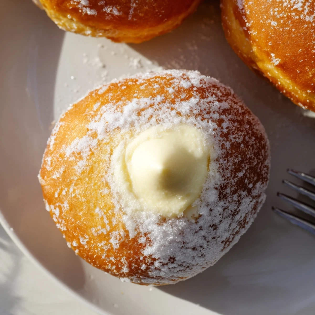 Warm sugar-coated bomboloni alla crema cut open to reveal rich creamy yellow filling