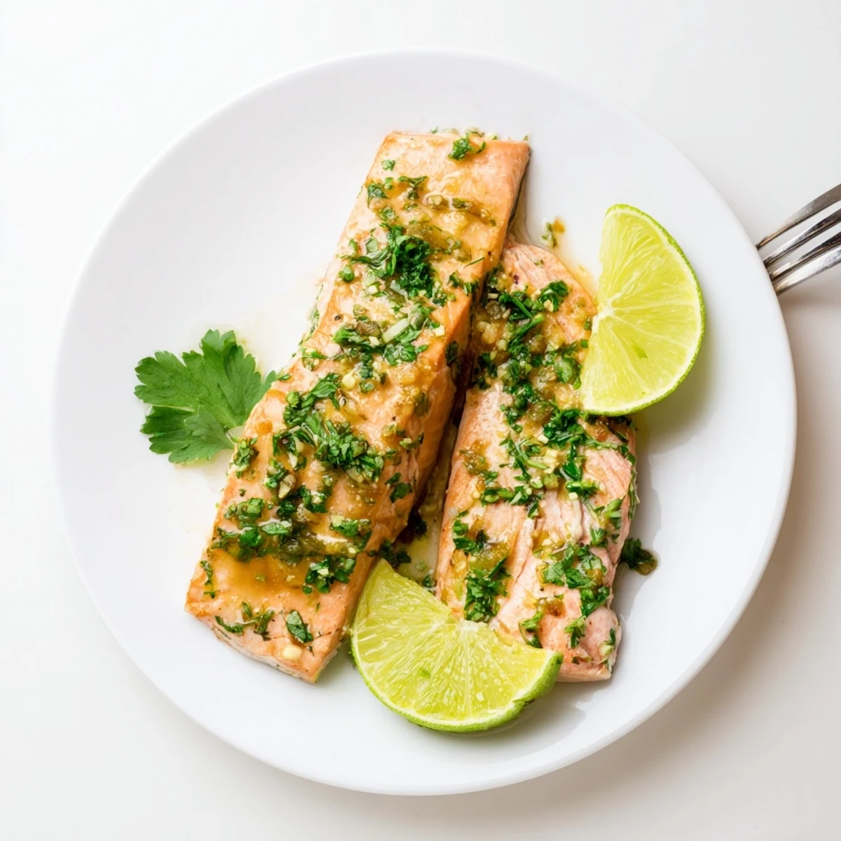 Oven-roasted honey lime garlic butter salmon topped with fresh herbs and served with lime wedges