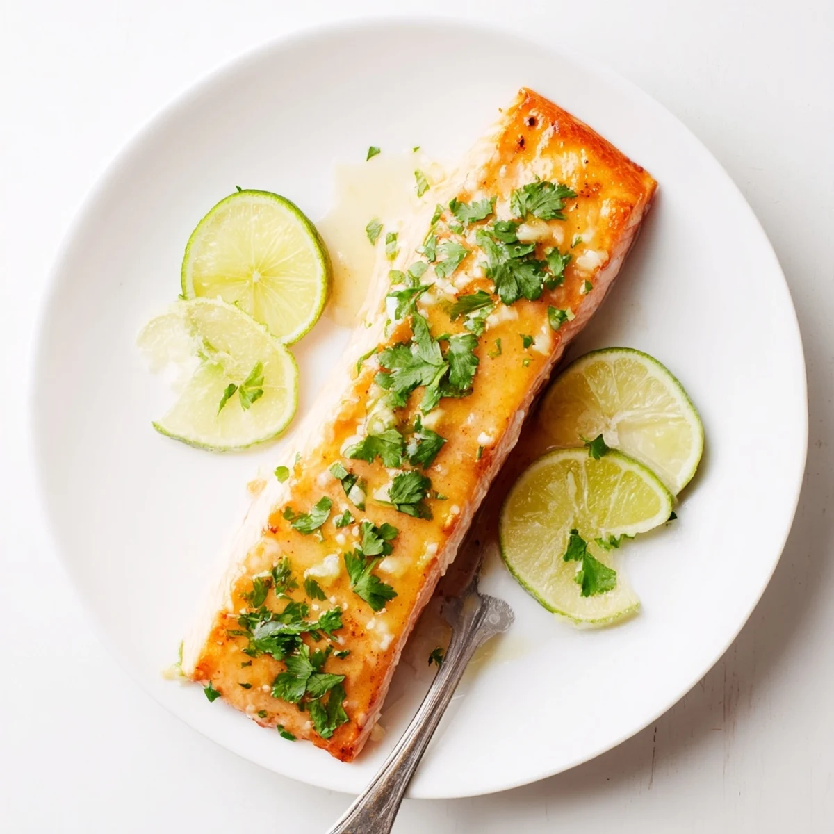 Flaky honey lime garlic butter baked salmon drizzled with caramelized sauce and chopped parsley garnish