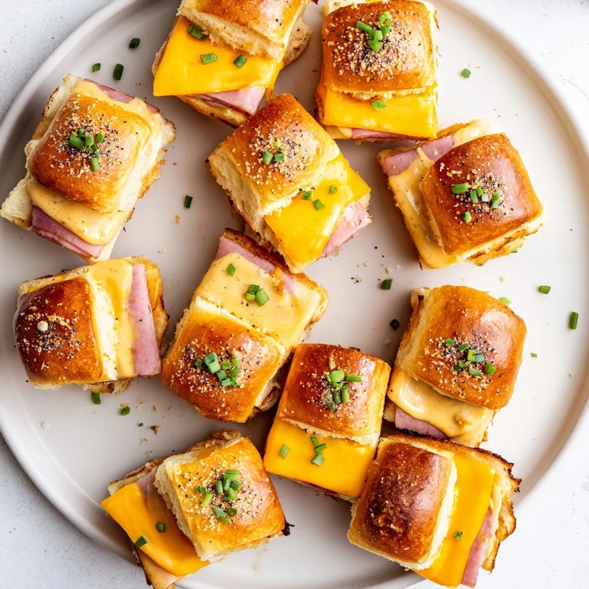 Mini Hawaiian sweet rolls stuffed with savory ham and cheese then toasted to golden brown perfection