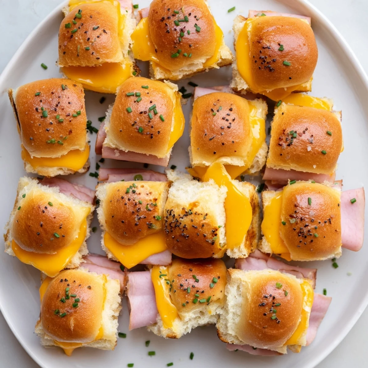 Buttered Hawaiian roll sliders grilled until crispy with layers of ham and melted cheddar cheese inside