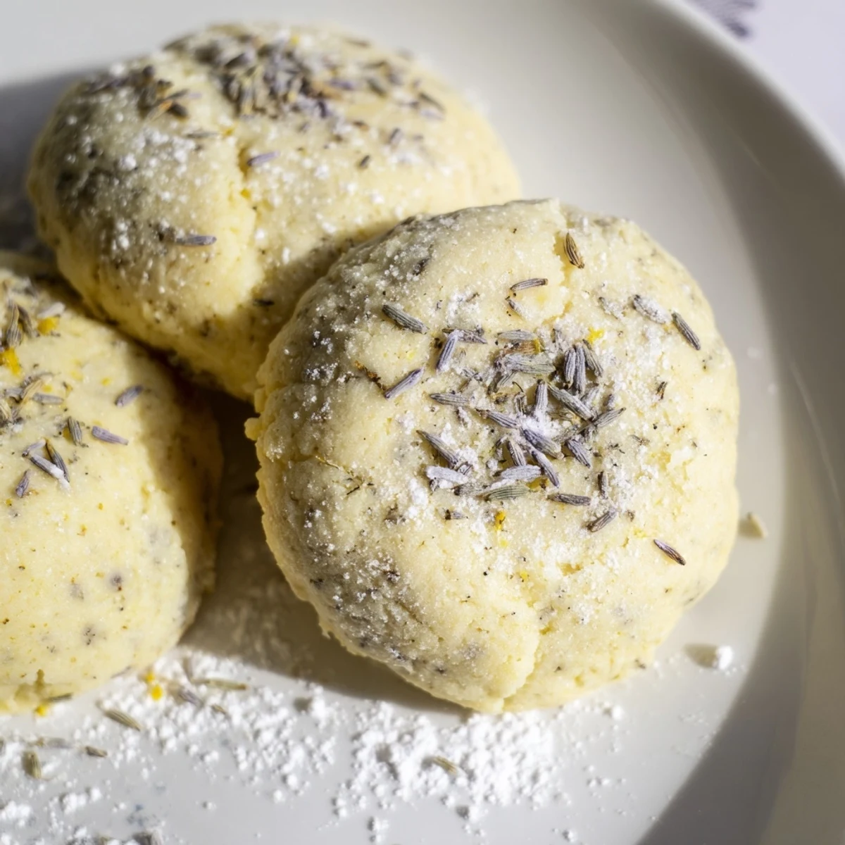 Golden lemon lavender cookies cooling on a wire rack with light powdered sugar dusting