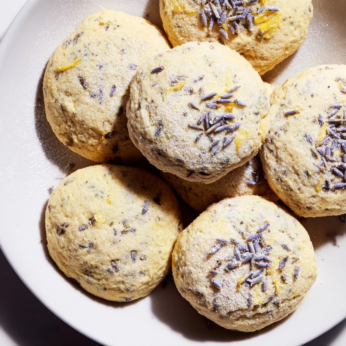 Buttery lemon lavender cookies arranged on a white plate with fresh lavender sprigs