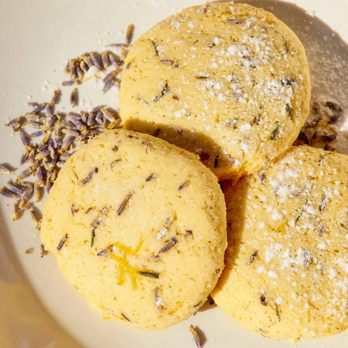 Close-up of soft lemon lavender cookies showing golden edges and bright lemon zest specks