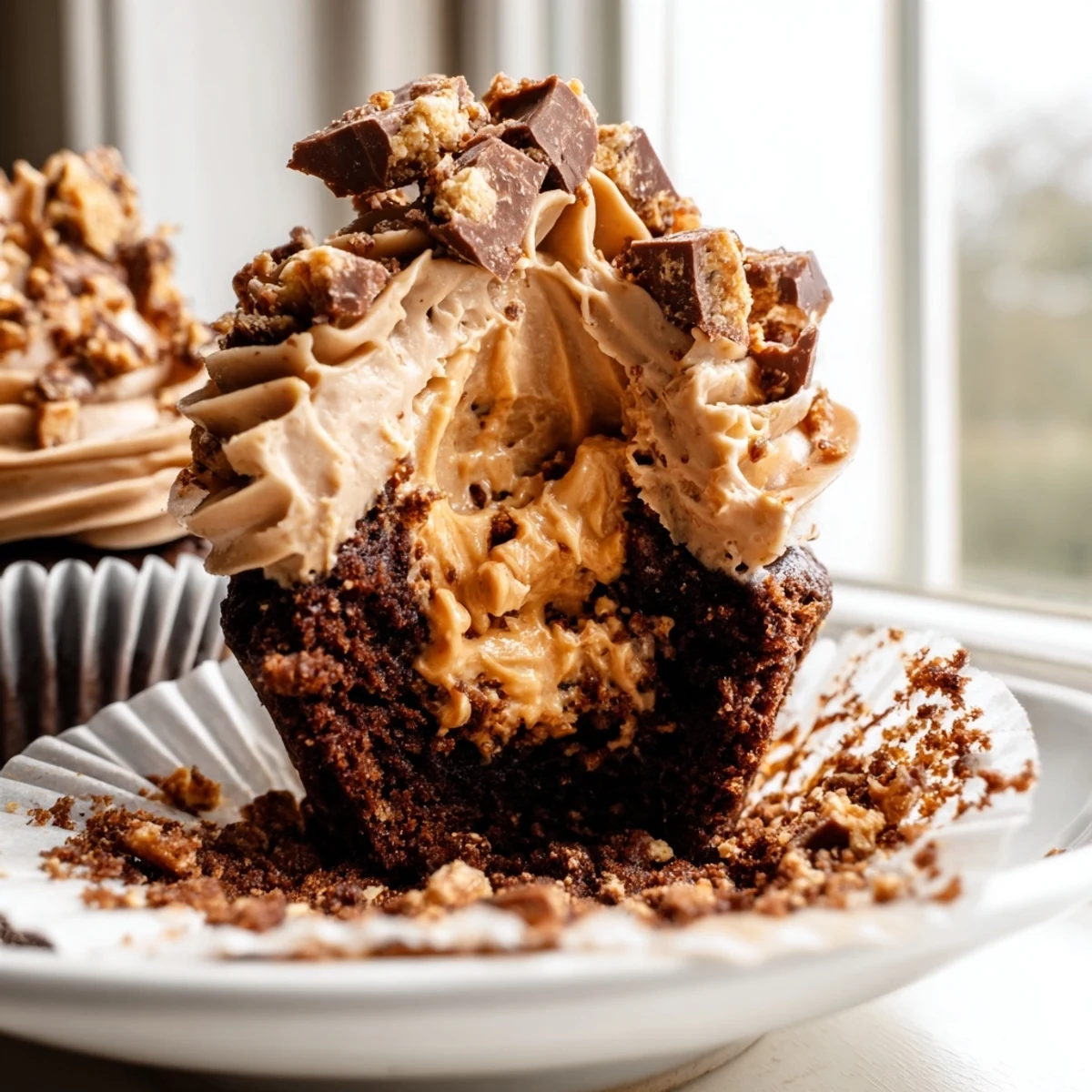 Rich chocolate cupcakes topped with fluffy Butterfinger frosting and crunchy candy pieces