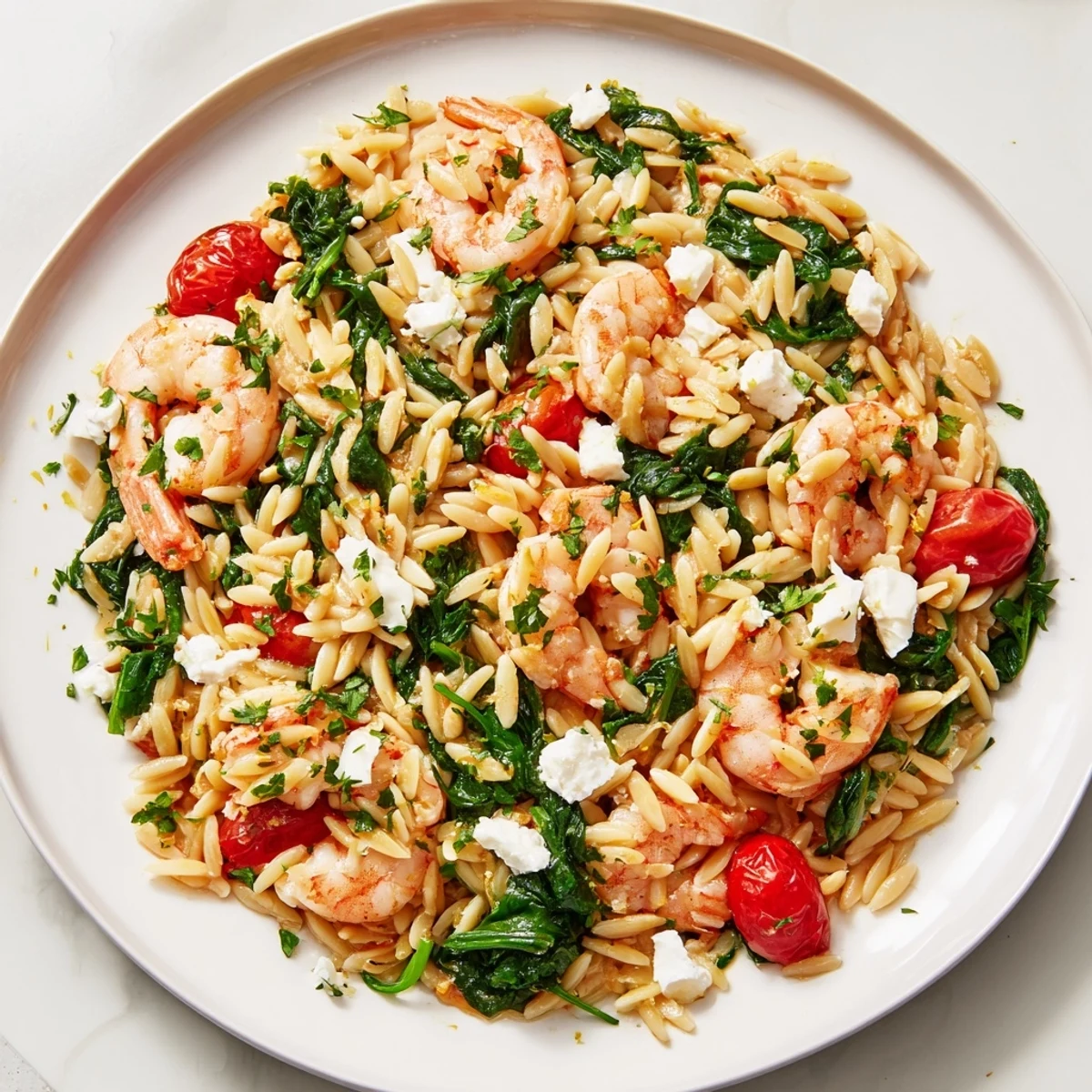 Creamy Mediterranean orzo pasta topped with pink shrimp and zesty lemon feta cheese