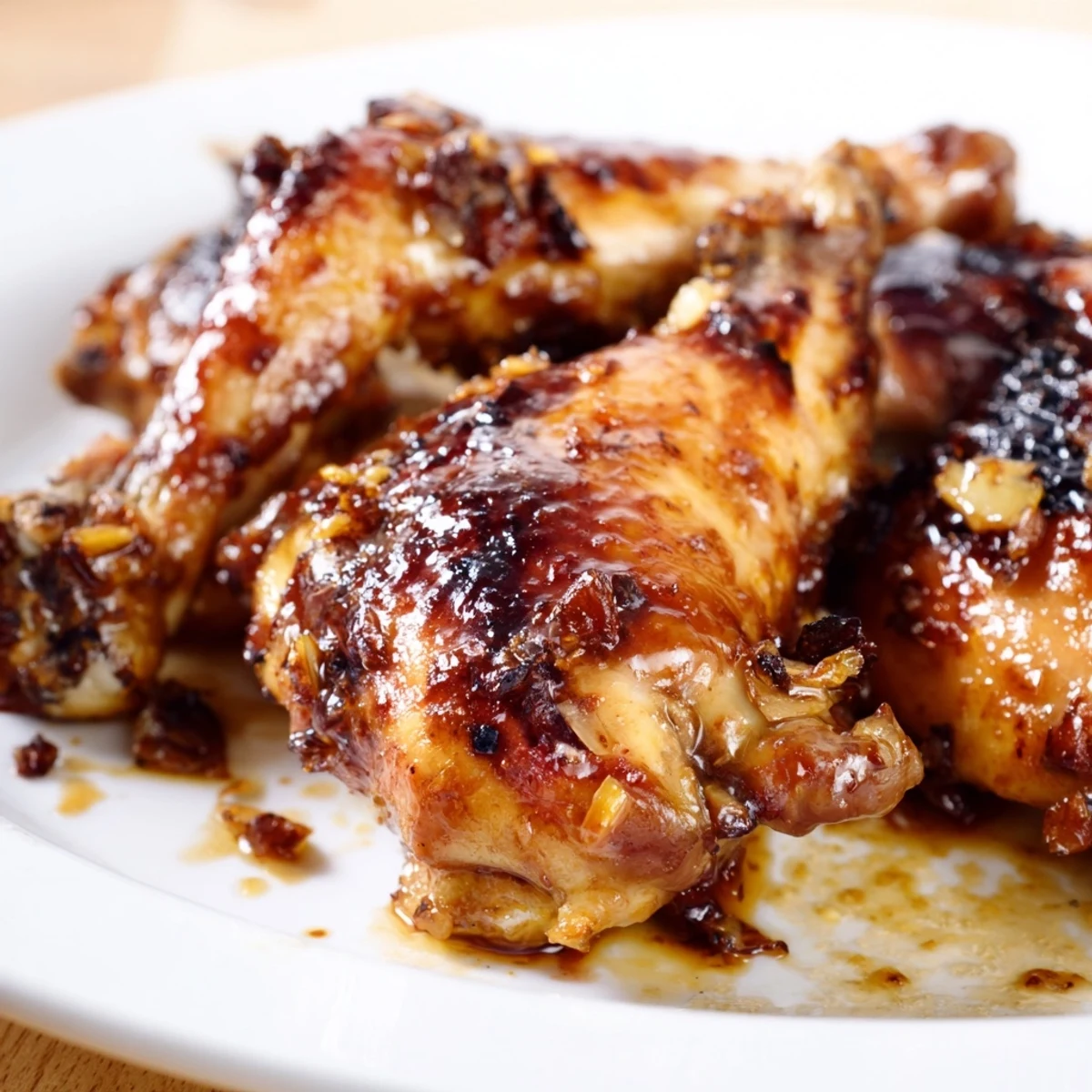 Glistening marinated chicken pieces baked to perfection with dark, sticky soy-ginger glaze