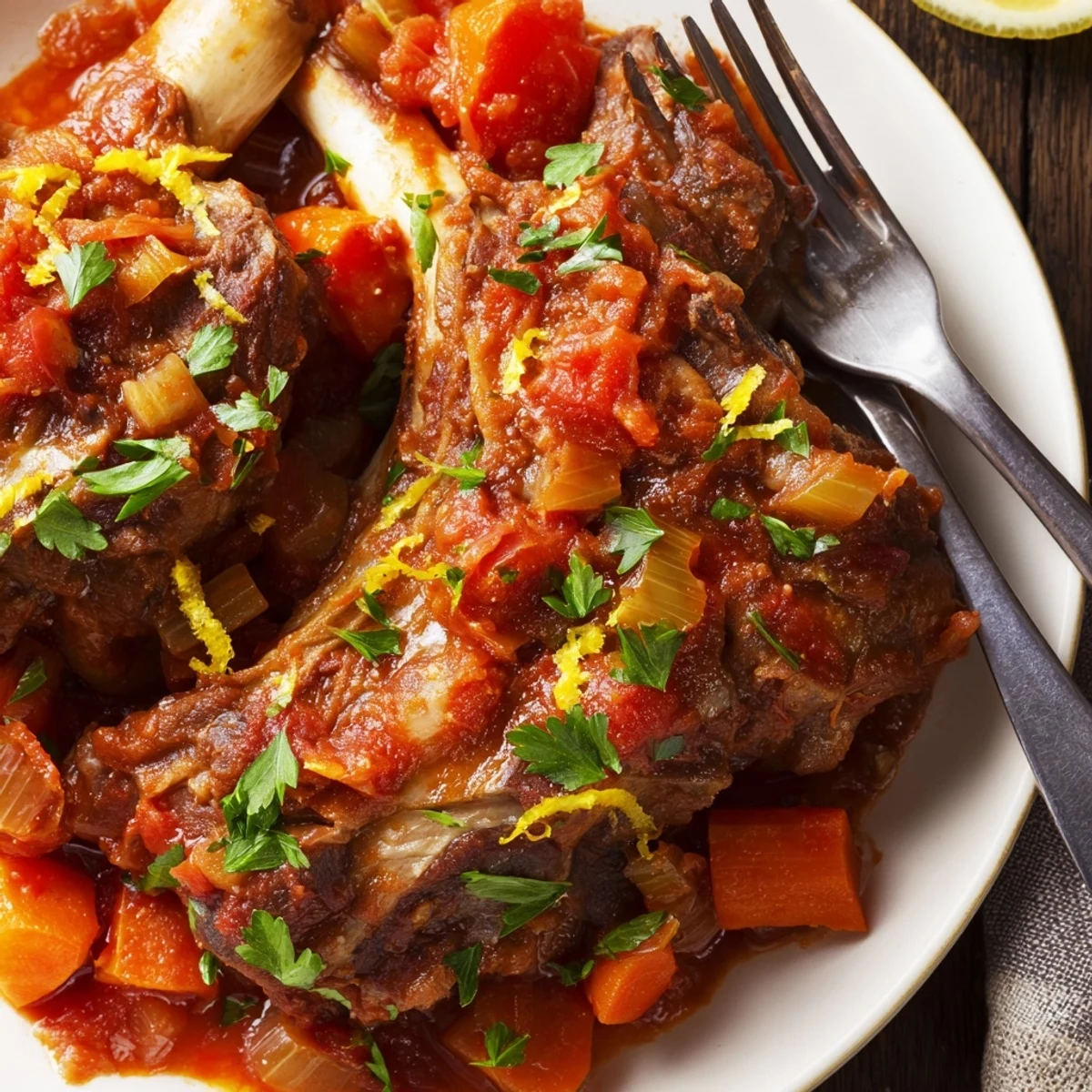 Slow-cooked Osso Buco with fork-tender veal nestled in aromatic vegetable broth