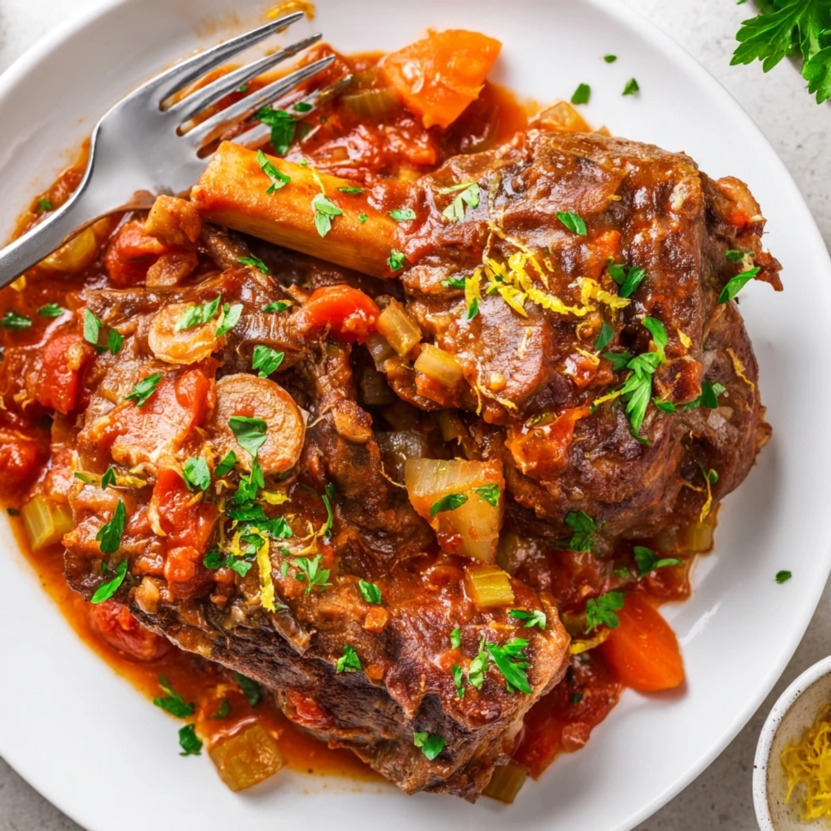 Braised veal shanks in savory tomato sauce with fresh lemon gremolata garnish