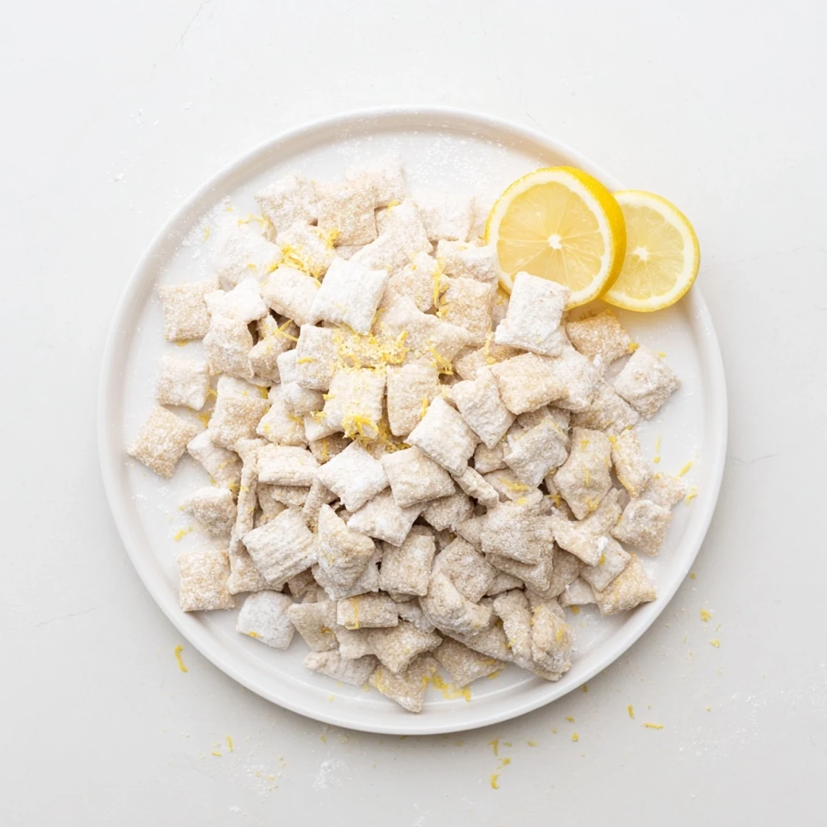 Zesty lemonade puppy chow mixture with powdered sugar coating, presented on white parchment paper with fresh lemon slices