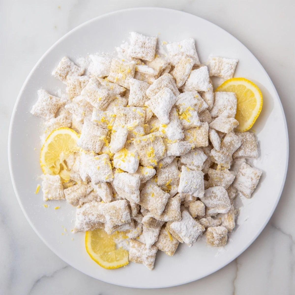 Bright yellow puppy chow snack with lemon zest and white chocolate drizzle, served in a glass bowl for summer