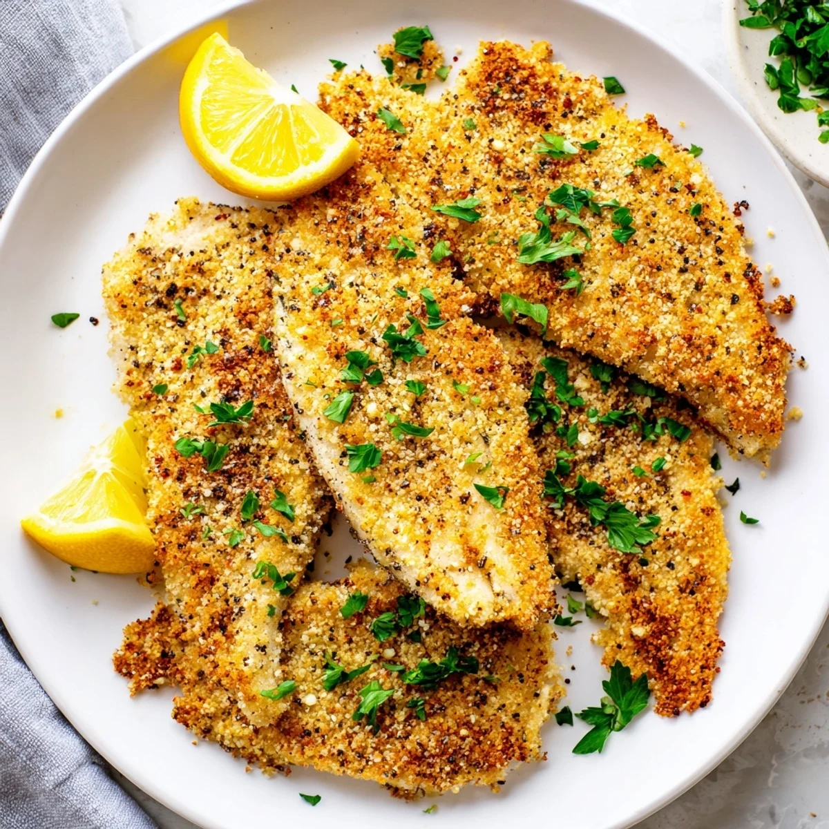 Golden tilapia fillets coated in seasoned panko breadcrumbs, air fried until perfectly crispy and golden brown