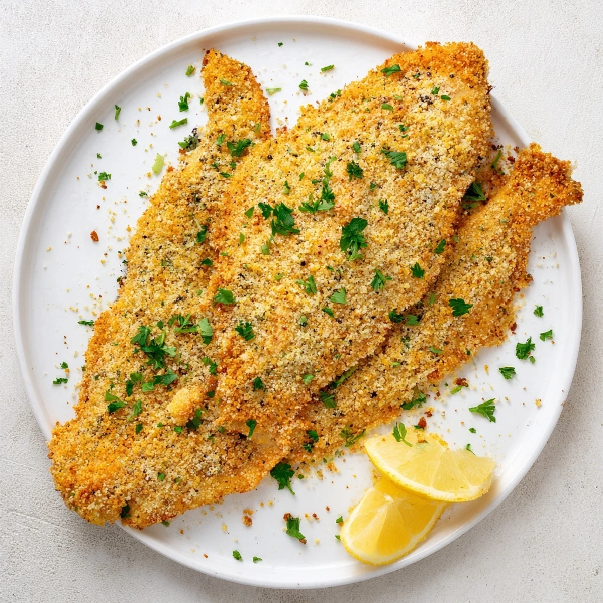 Crispy air fryer tilapia with parmesan crust served fresh with lemon wedges and parsley garnish