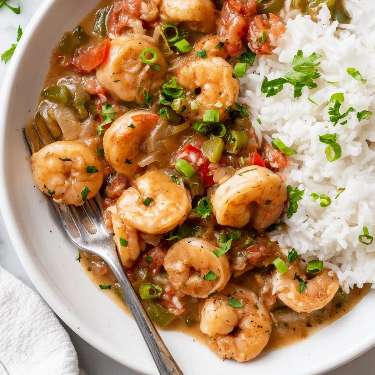 Golden brown Shrimp Étouffée served over fluffy white rice with fresh green onions