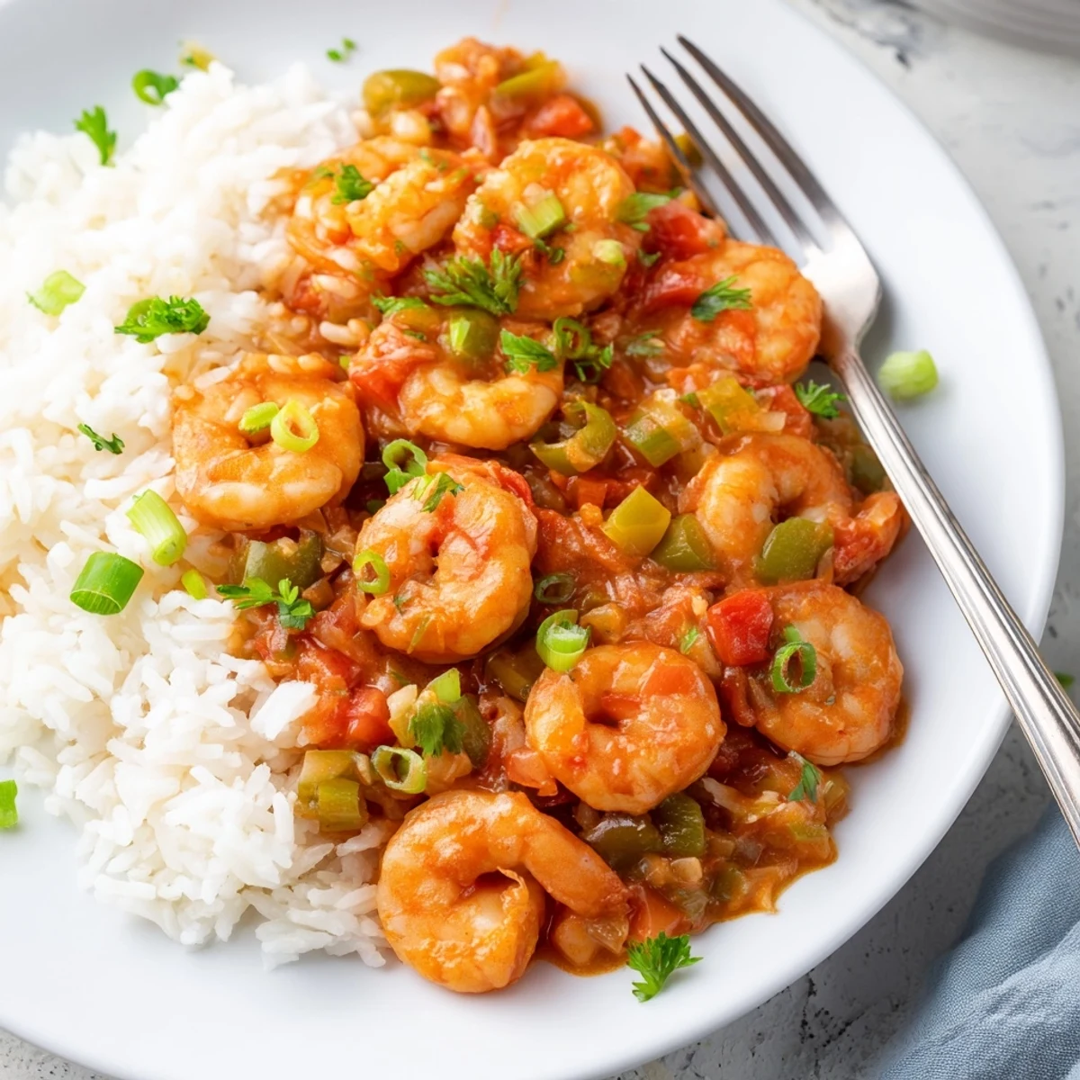 Creole Shrimp Étouffée featuring plump shrimp in spicy roux sauce over steaming rice