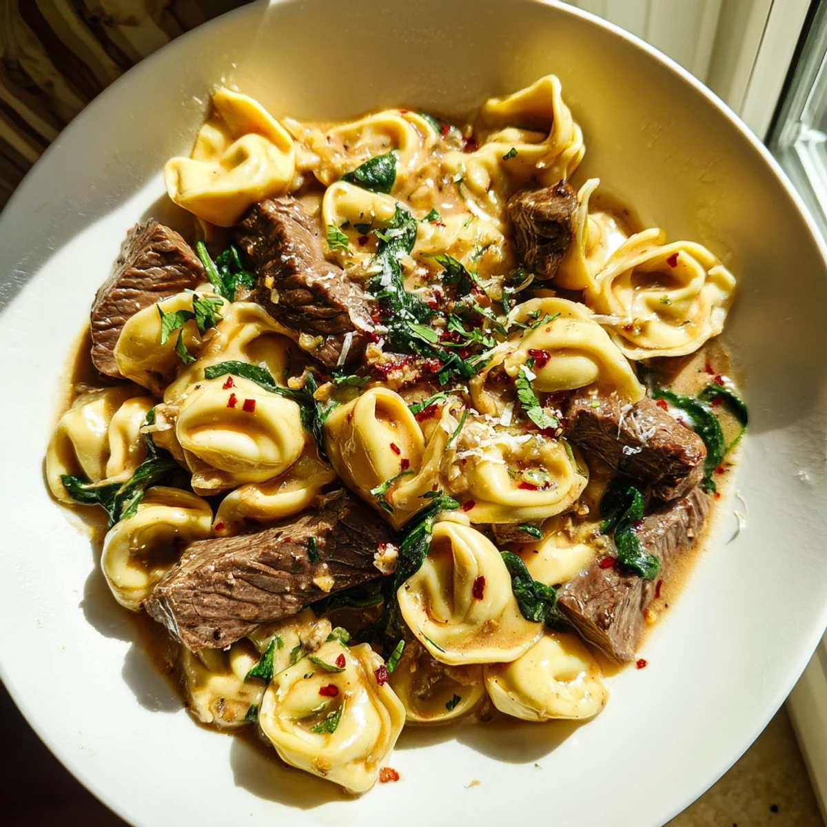 Succulent steak strips and cheese tortellini swimming in rich garlic cream sauce with fresh parsley garnish