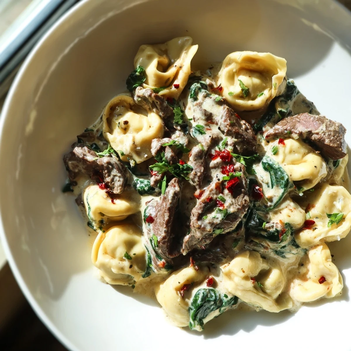 Garlic steak tortellini tossed in creamy parmesan sauce with wilted spinach and seared beef strips