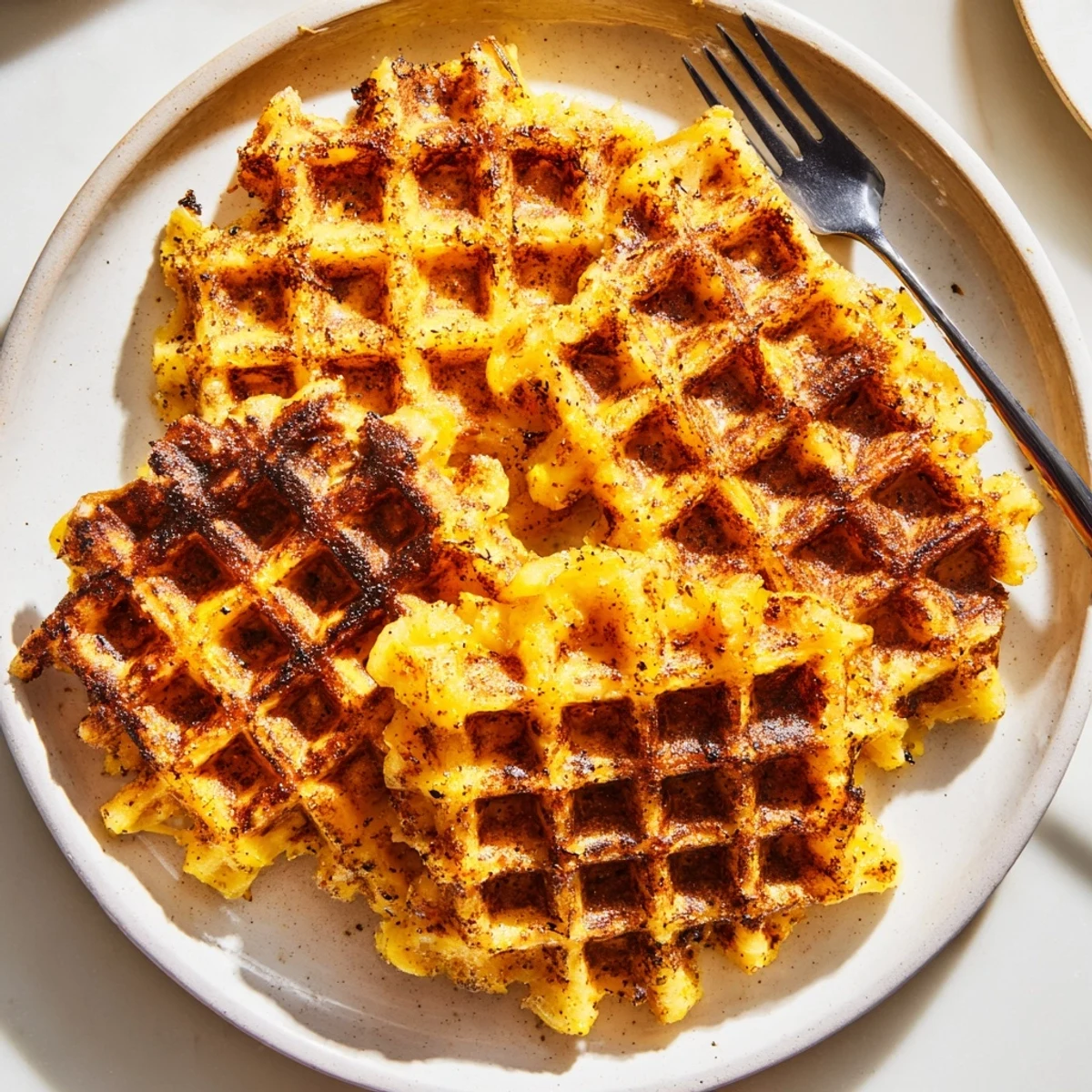 Golden waffle iron hashbrowns with deep crispy ridges ready for breakfast plates