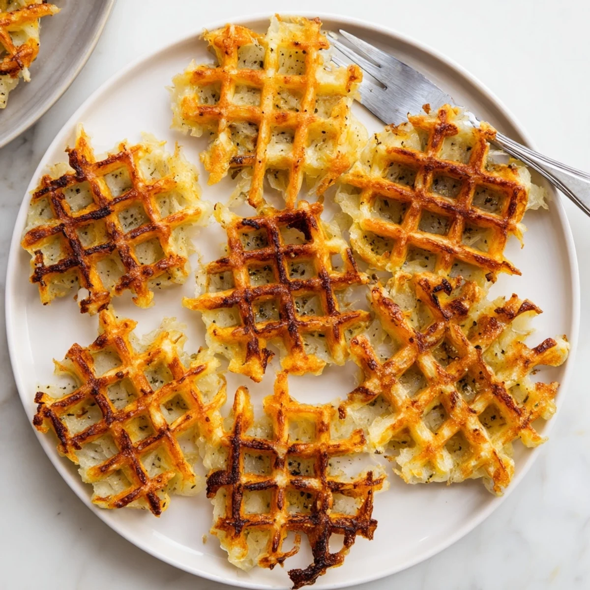 Extra-crispy hashbrowns cooking in waffle iron with buttery golden brown edges