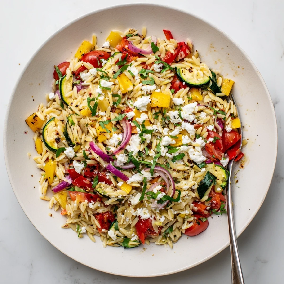 Tender roasted zucchini peppers and onions tossed with al dente orzo and bright lemon zest