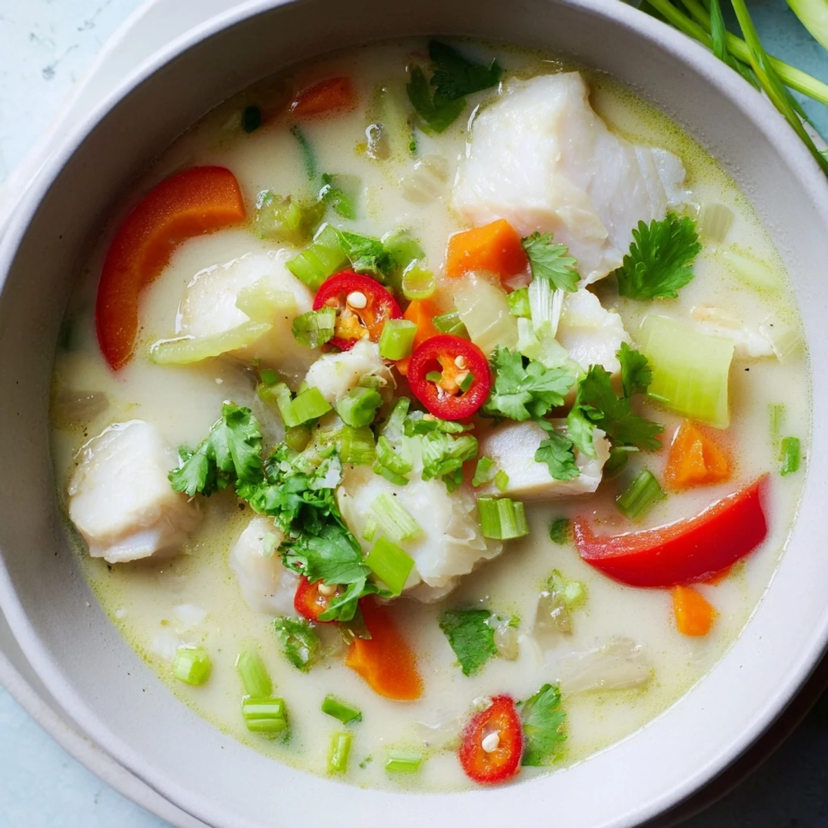 Steamy bowl of creamy coconut lime fish soup topped with fresh cilantro and green onions