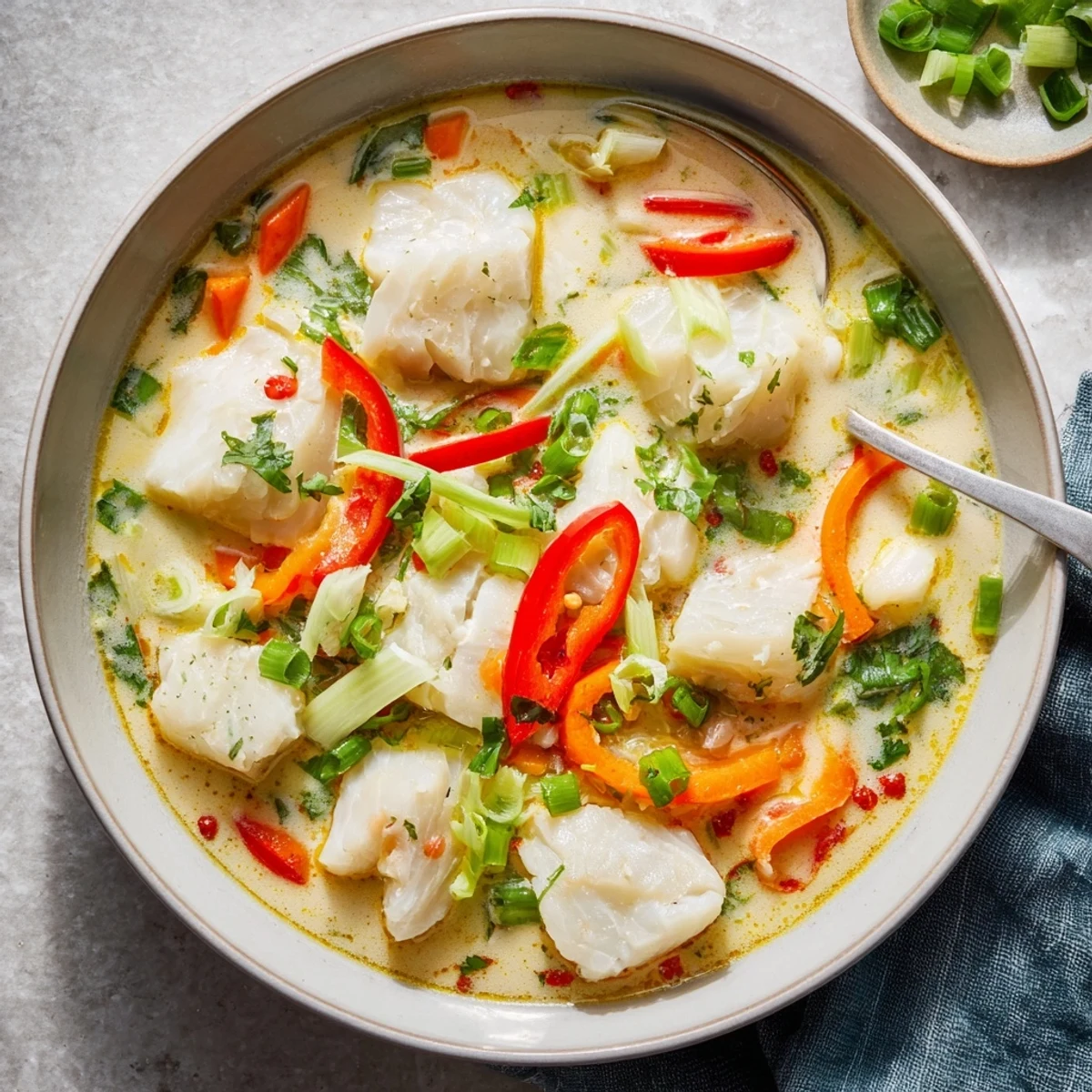 Golden coconut lime fish soup served in white bowl with red pepper slices and herbs