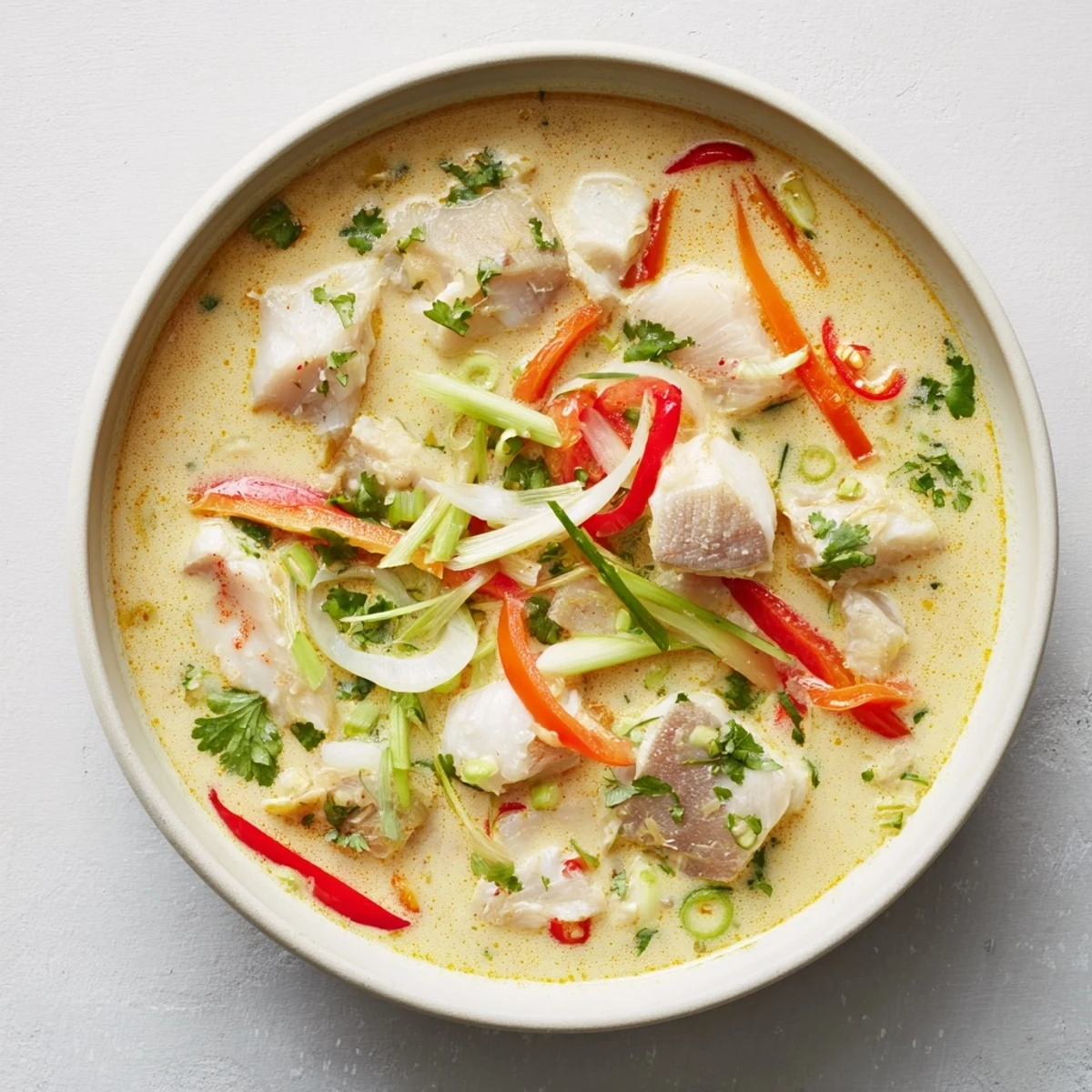 Tender white fish pieces simmered in rich coconut milk broth with bright lime zest garnish
