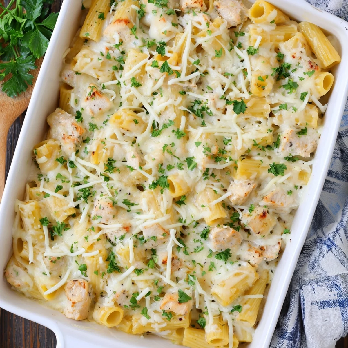 Baked rigatoni pasta dish featuring tender chicken chunks in a creamy garlic cheese sauce