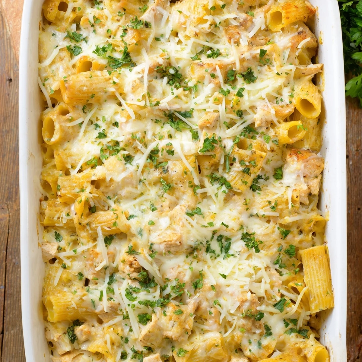 Golden brown cheesy garlic chicken rigatoni casserole bubbling with melted mozzarella and cheddar