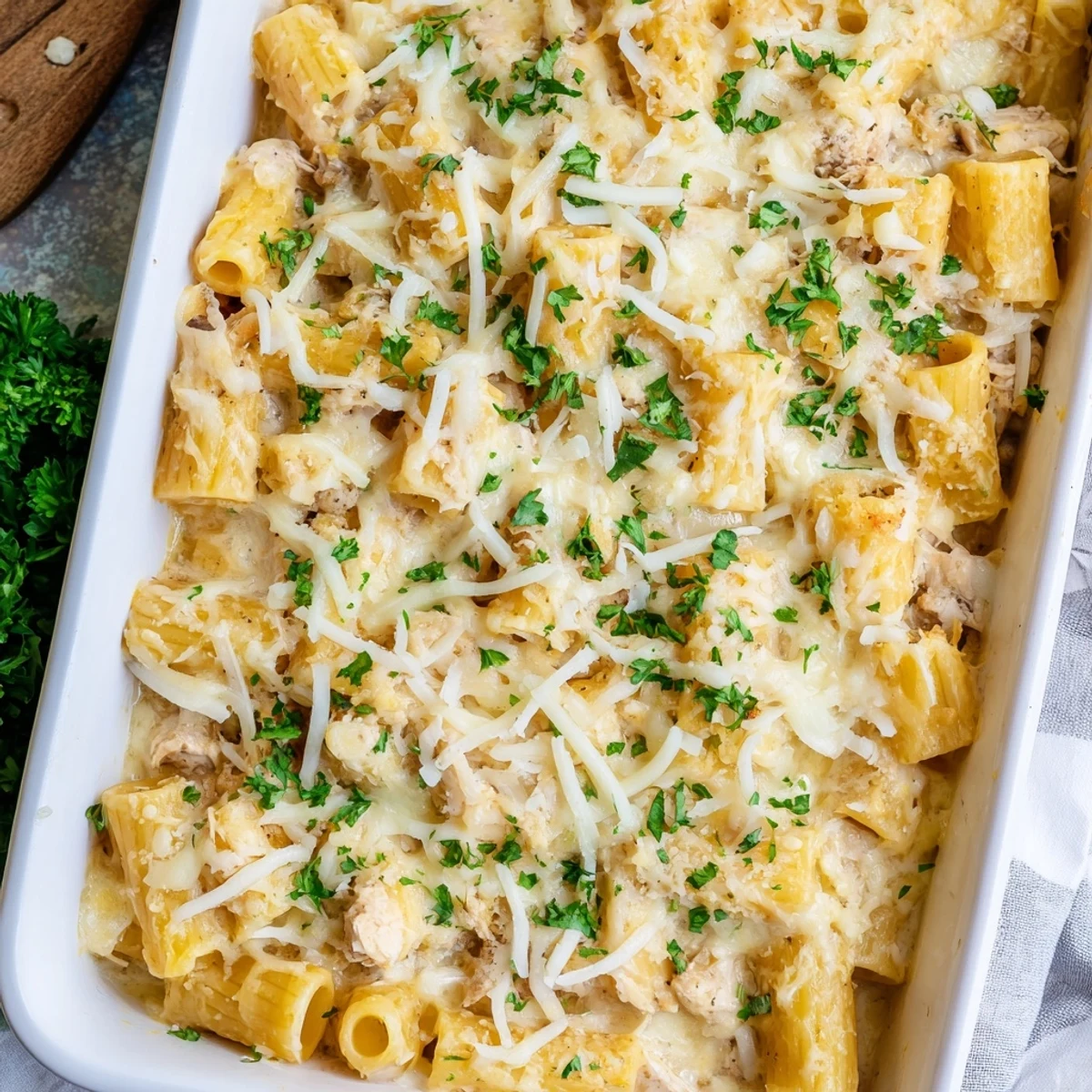 Comforting chicken rigatoni casserole fresh from the oven topped with golden melted cheese layers