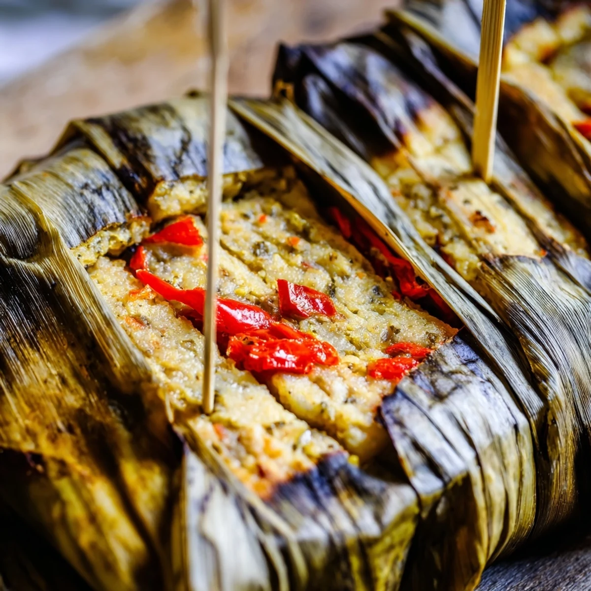 Golden grilled Malaysian otak otak parcel steaming in folded banana leaf wrapper