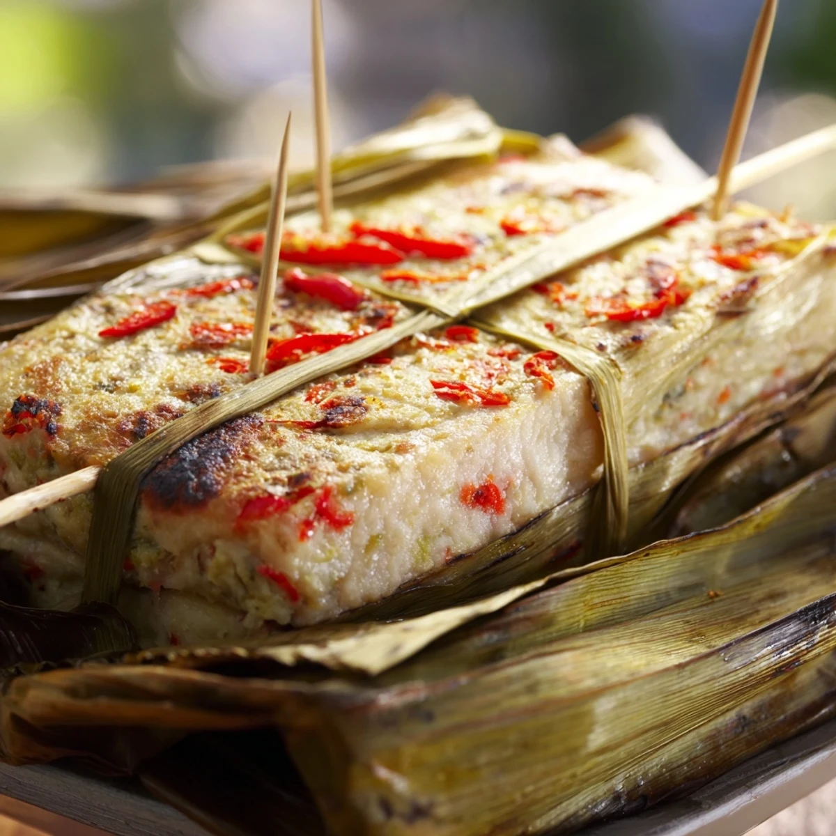 Fragrant Malaysian otak otak grilled parcels revealing tender flaky white fish inside