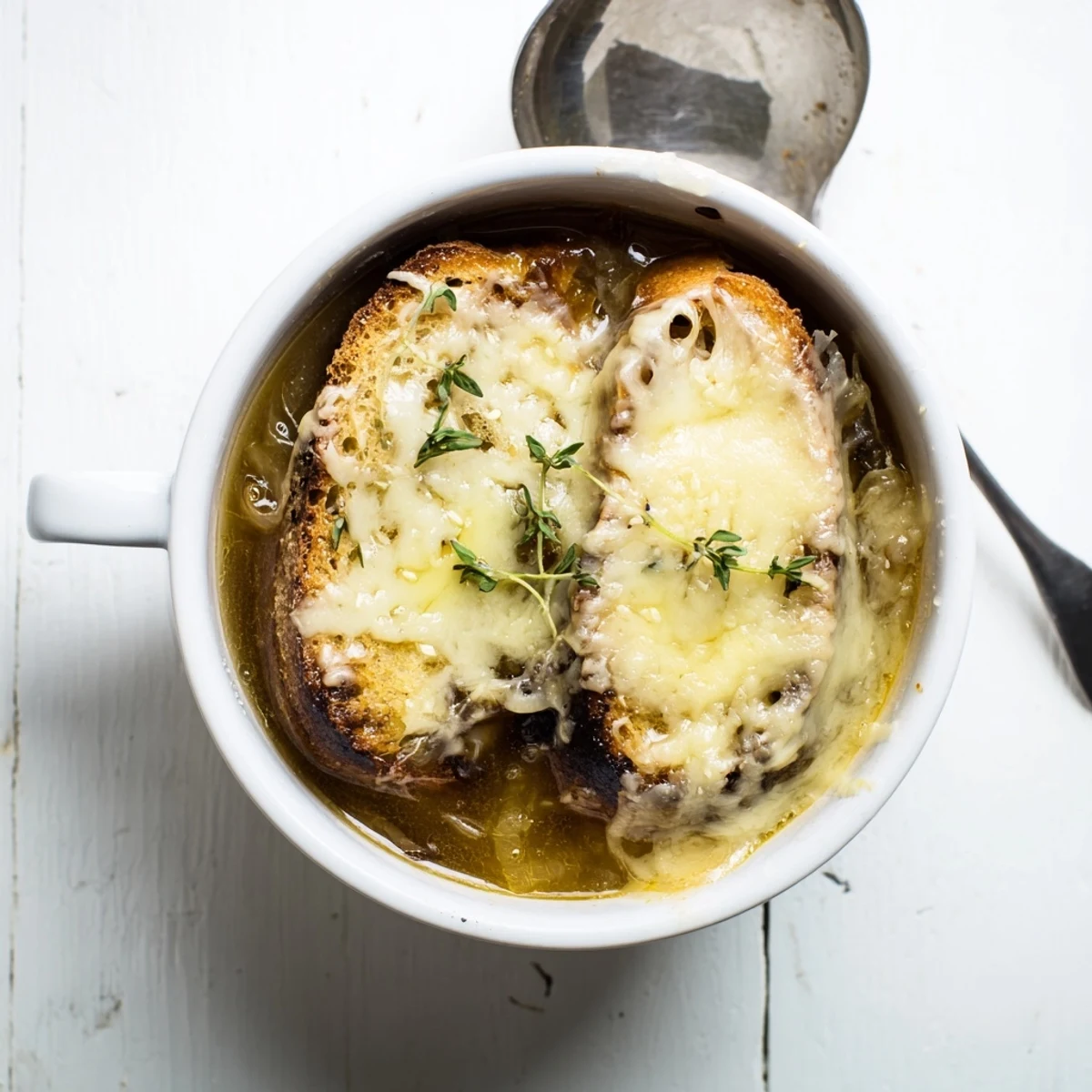 Golden caramelized onions simmered in savory broth for this comforting slow cooker French onion soup