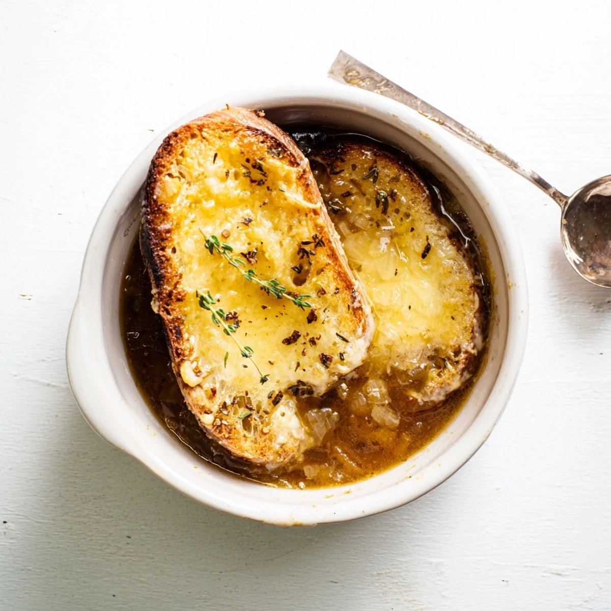 Slow cooker French onion soup topped with melted Gruyère cheese and crispy baguette slices