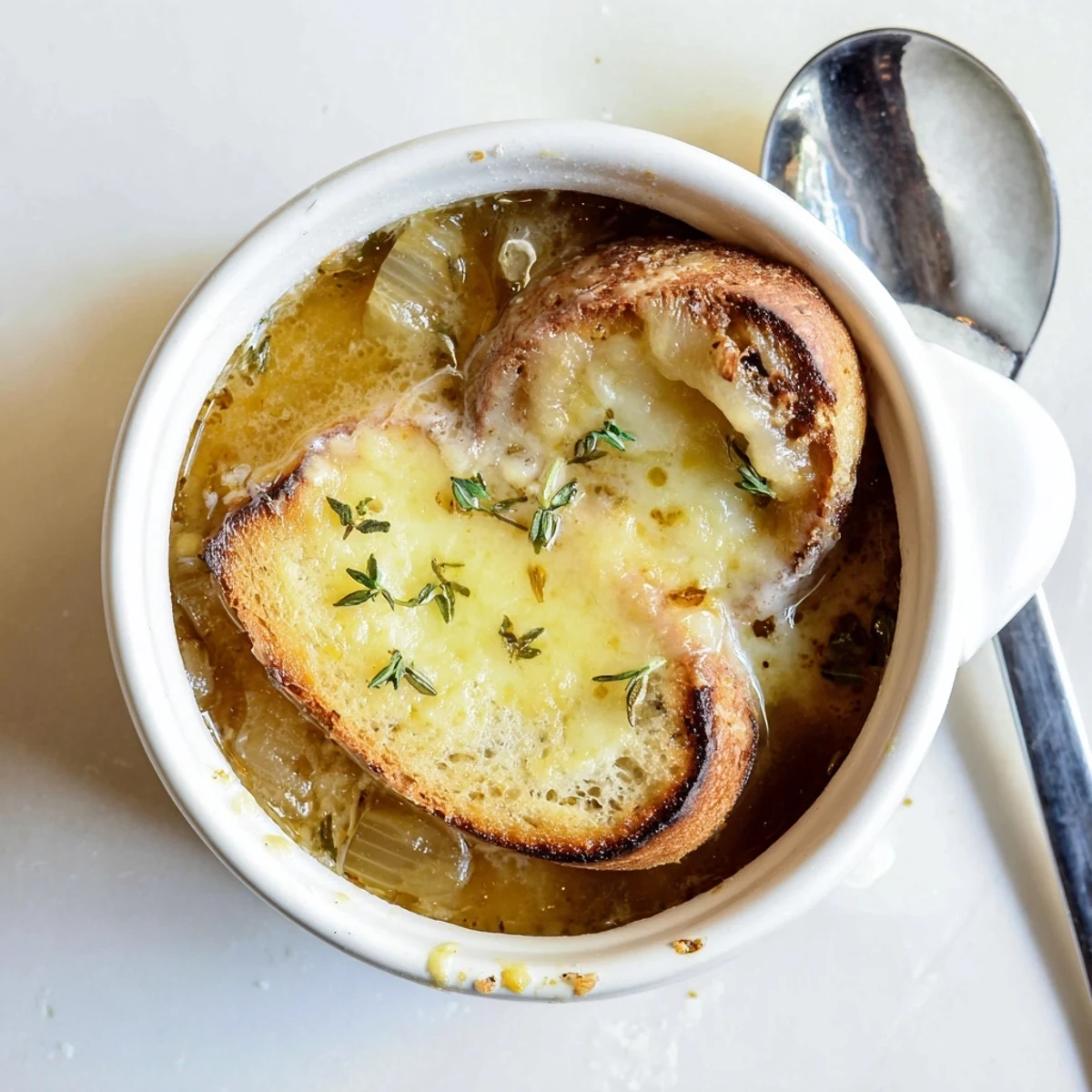 Bubbling Gruyère cheese covers toasted bread atop a warm bowl of slow cooker French onion soup