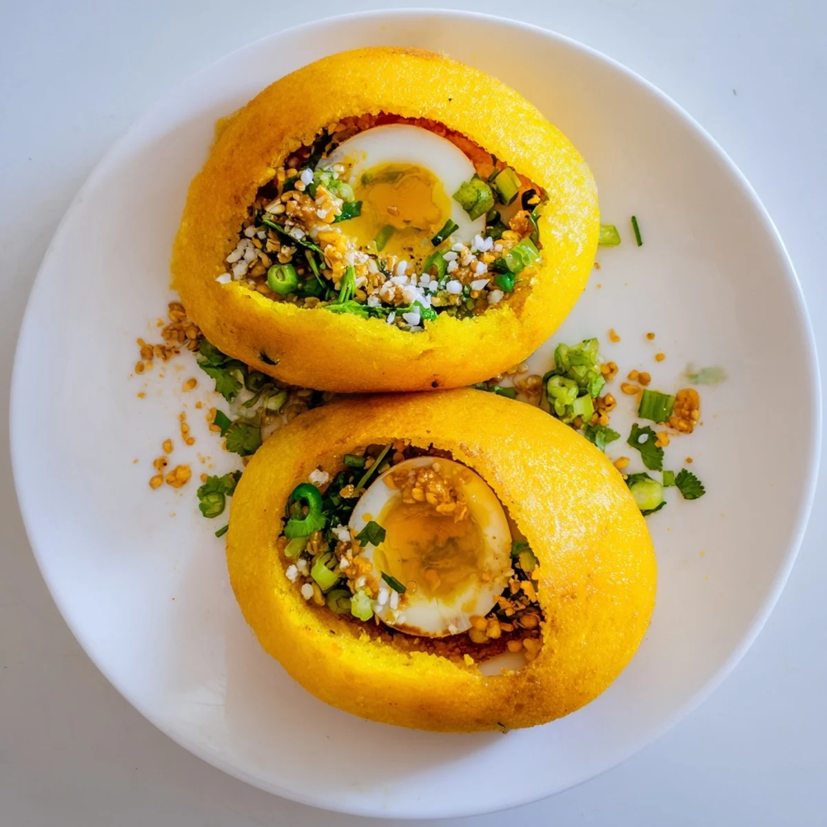 Turmeric-yellow Mont Lin Ma Yar rice flour pancakes served hot with coconut and cilantro garnish