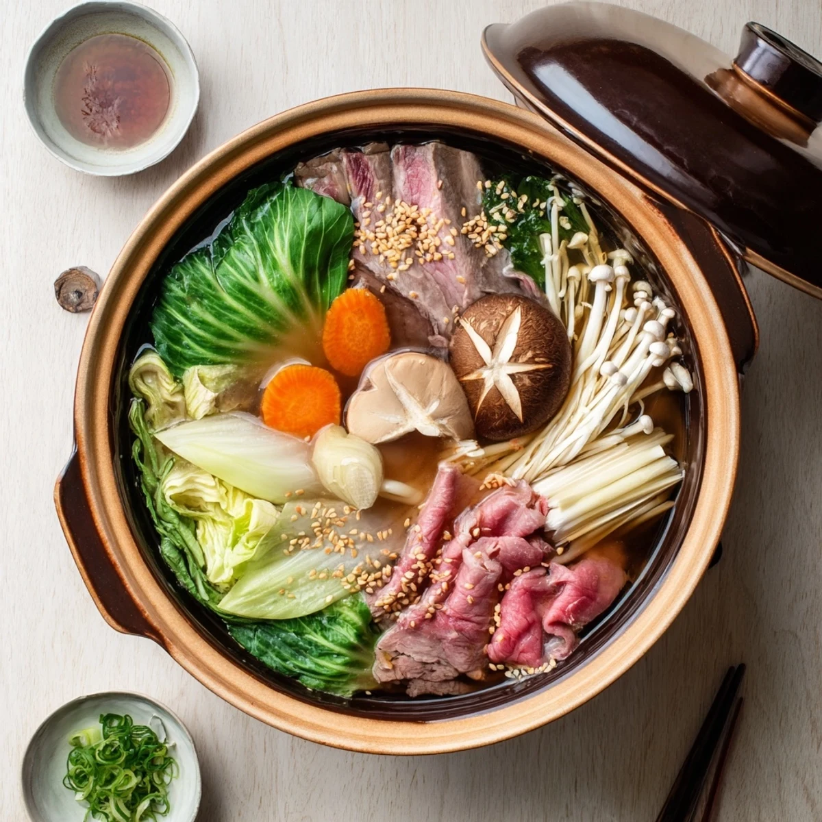 Golden broth steaming in a hot pot with thinly sliced beef, fresh Chinese cabbage, carrots, mushrooms, and tofu cubes arranged for dipping