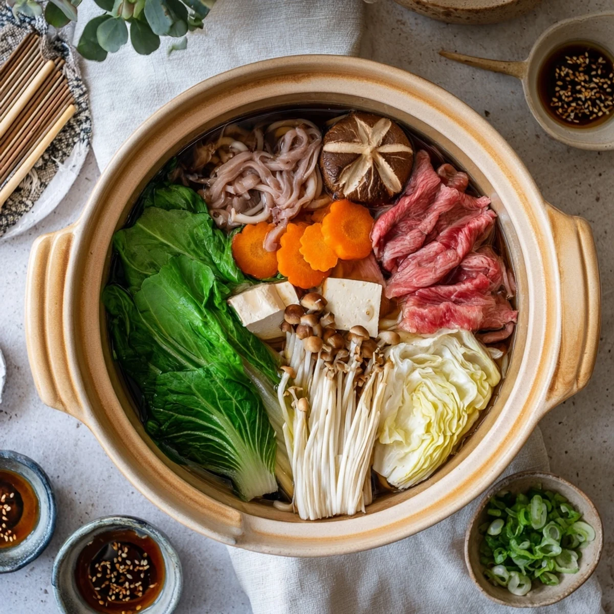 Tableside Japanese Shabu Shabu featuring swirled beef ribeye, spinach, enoki mushrooms, and udon noodles simmering in aromatic dashi stock