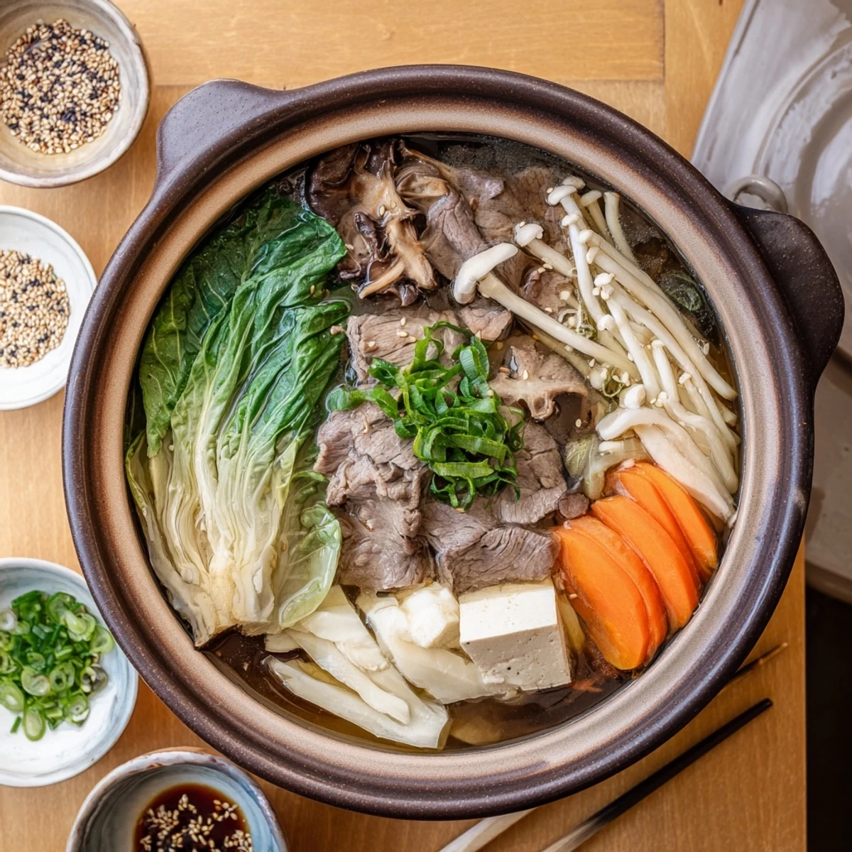 Colorful platter of vegetables and tofu surrounding a bubbling pot of Japanese Shabu Shabu with sesame dipping sauce and green onion garnish