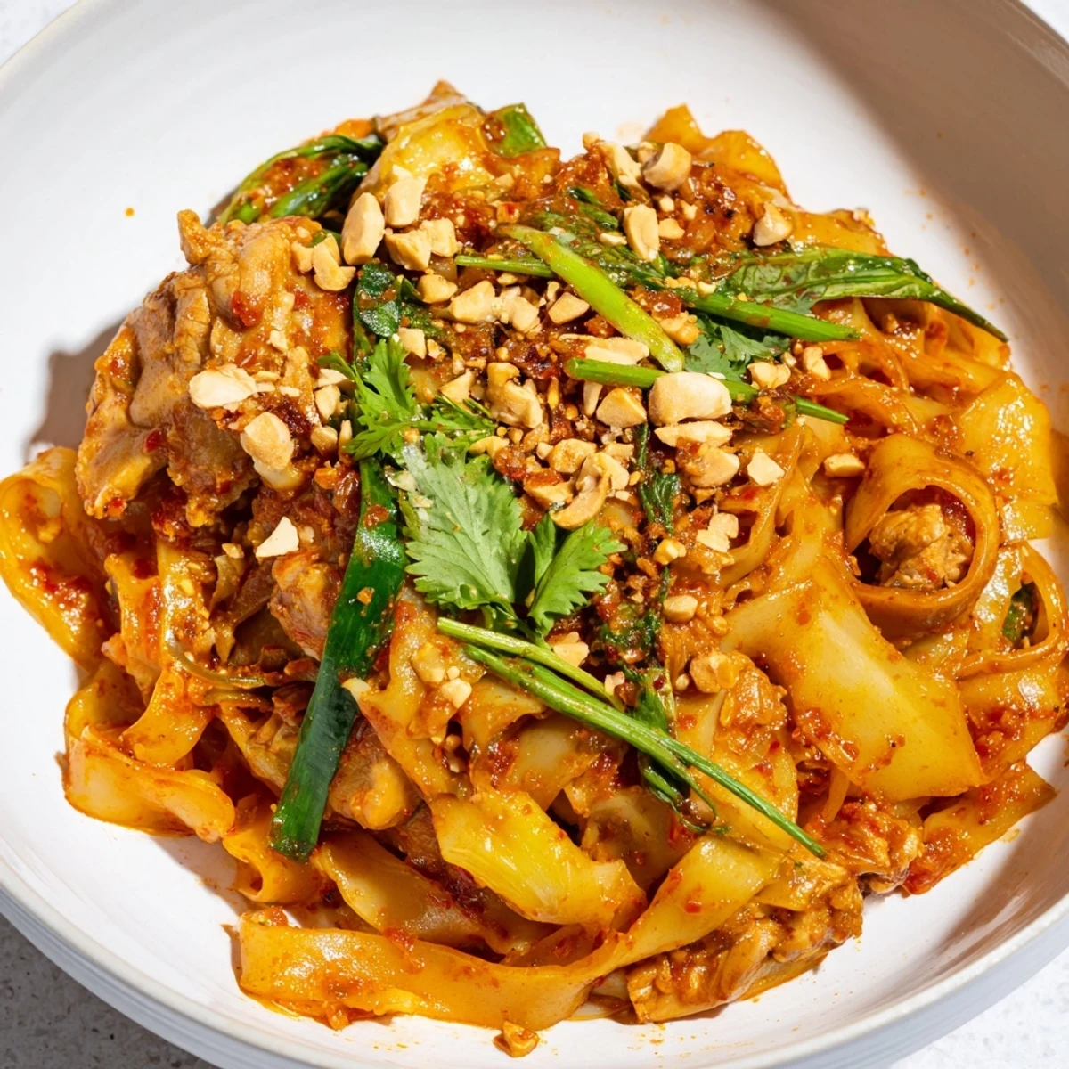 Steaming bowl of Burmese Shan noodles featuring tender chicken pieces, pickled mustard greens, and aromatic herbs on a white background