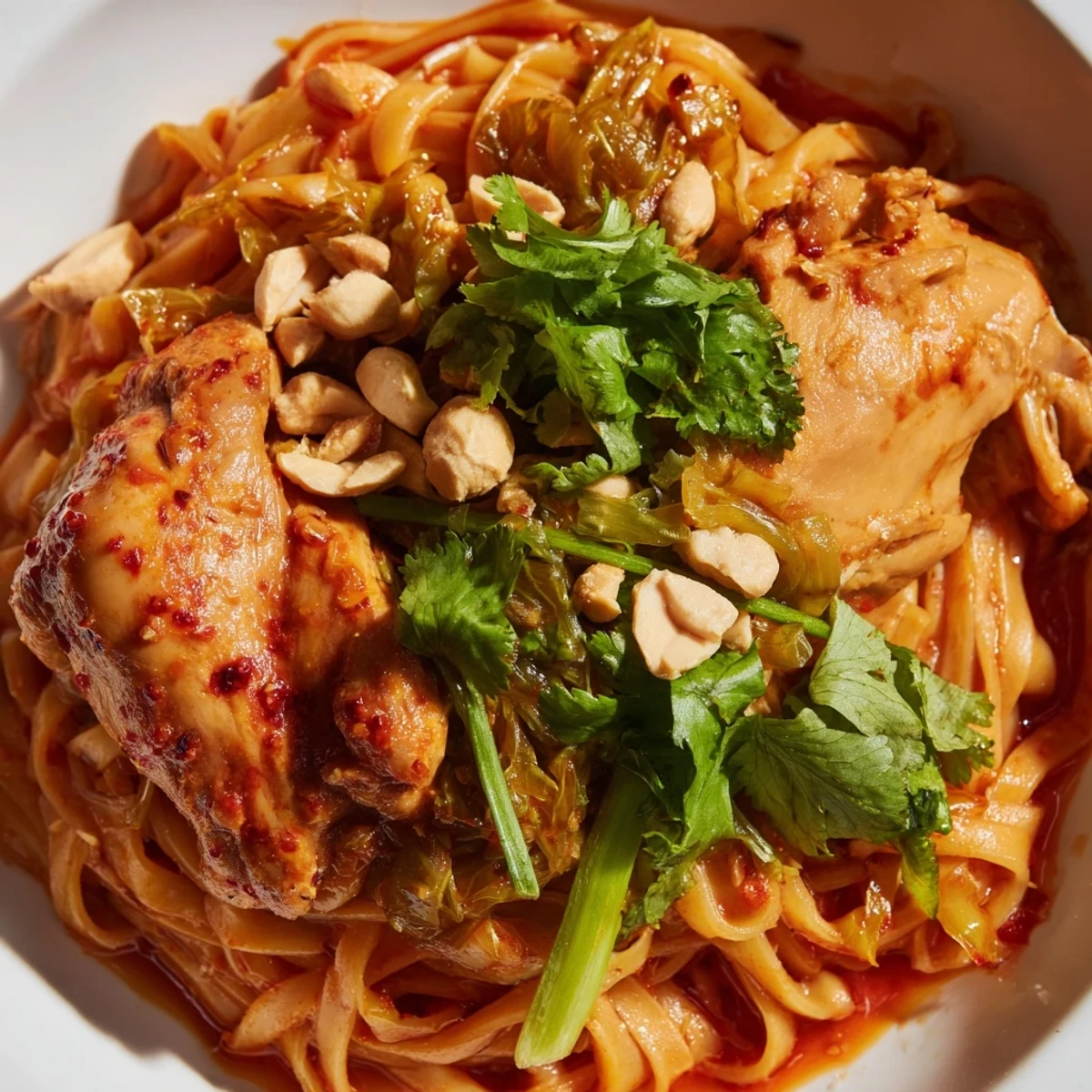Golden Shan noodles topped with savory chicken in rich tomato sauce, garnished with crunchy roasted peanuts and fresh cilantro