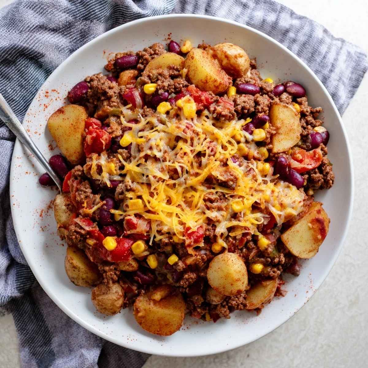 Hearty slow cooker cowboy casserole with melted cheddar cheese, ground beef, and tender vegetables bubbling in a rich tomato sauce.