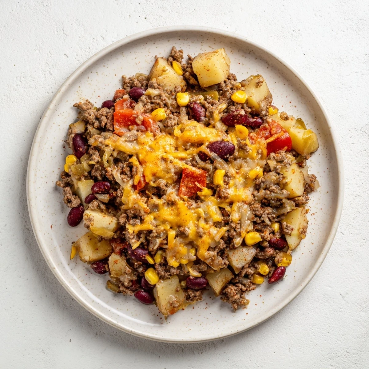 Family-friendly slow cooker cowboy casserole served steaming hot, showcasing layers of potatoes, corn, beans, and seasoned ground beef under golden melted cheese.