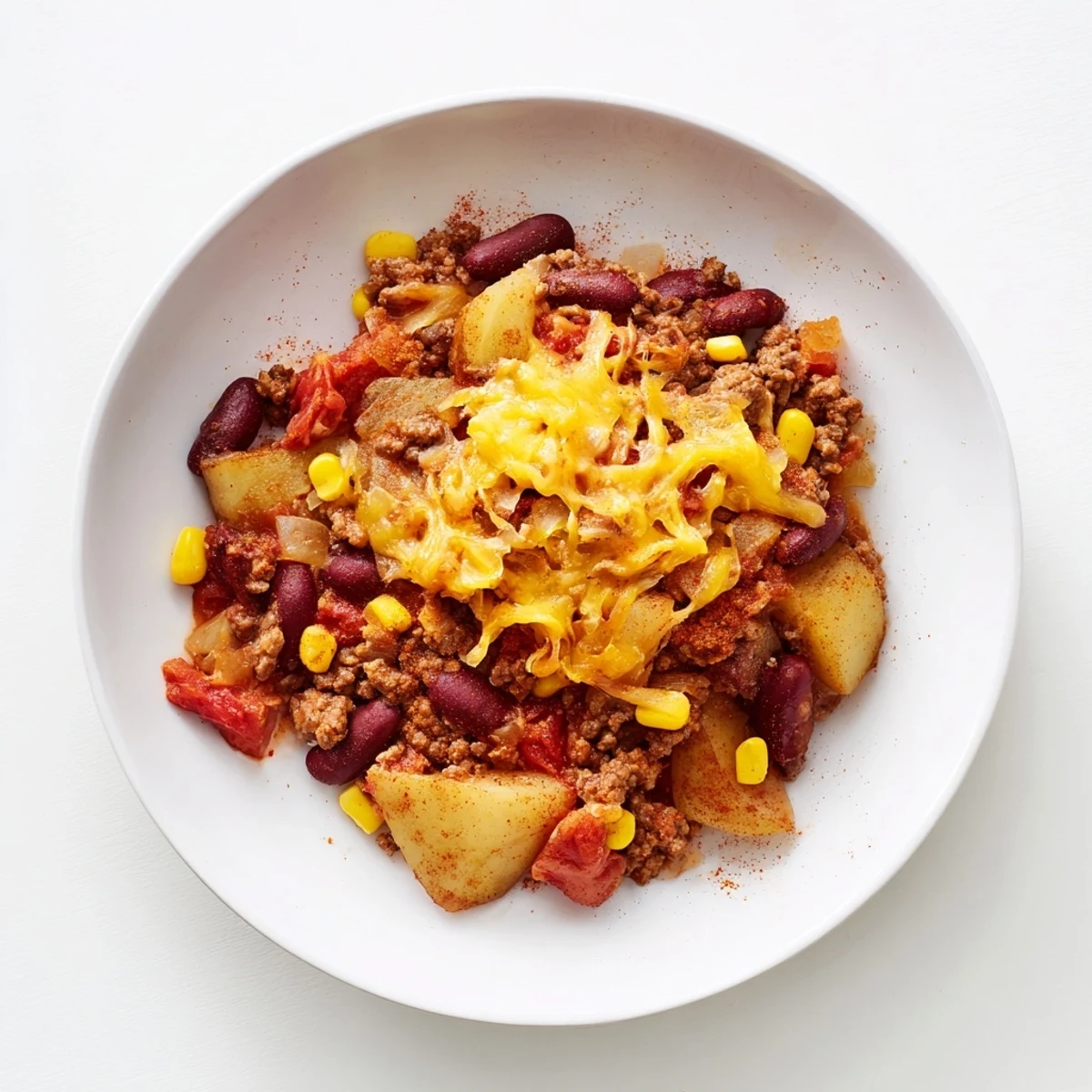 Rustic slow cooker cowboy casserole in a ceramic bowl, topped with shredded cheddar and garnished with fresh green onions.