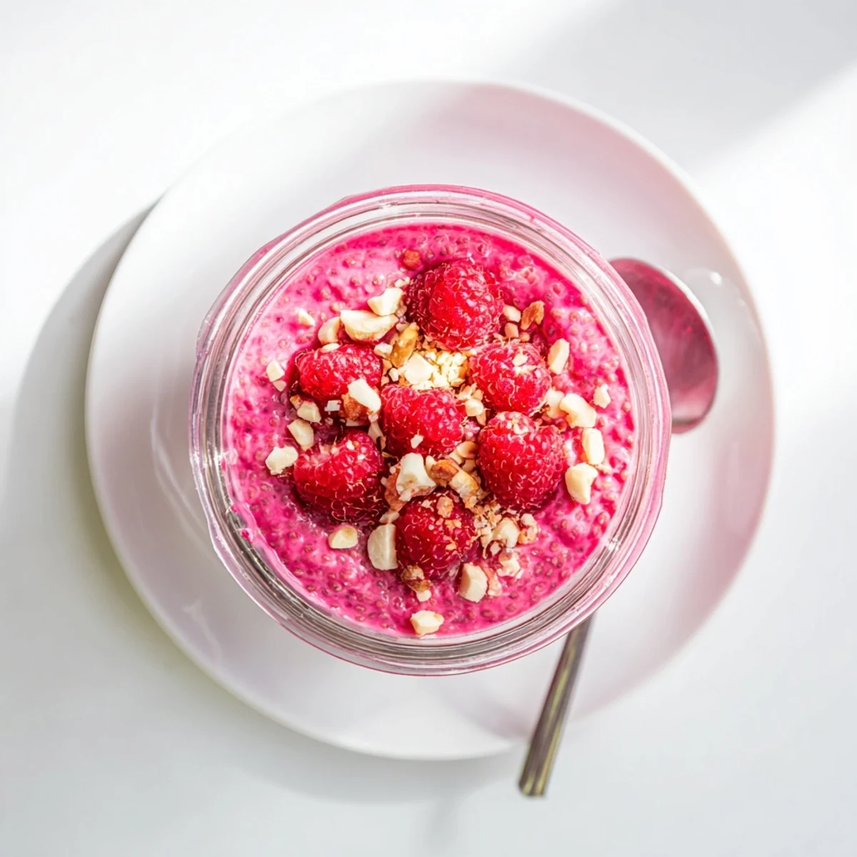 Creamy raspberry chia pudding layered in glass jars topped with fresh red berries and mint